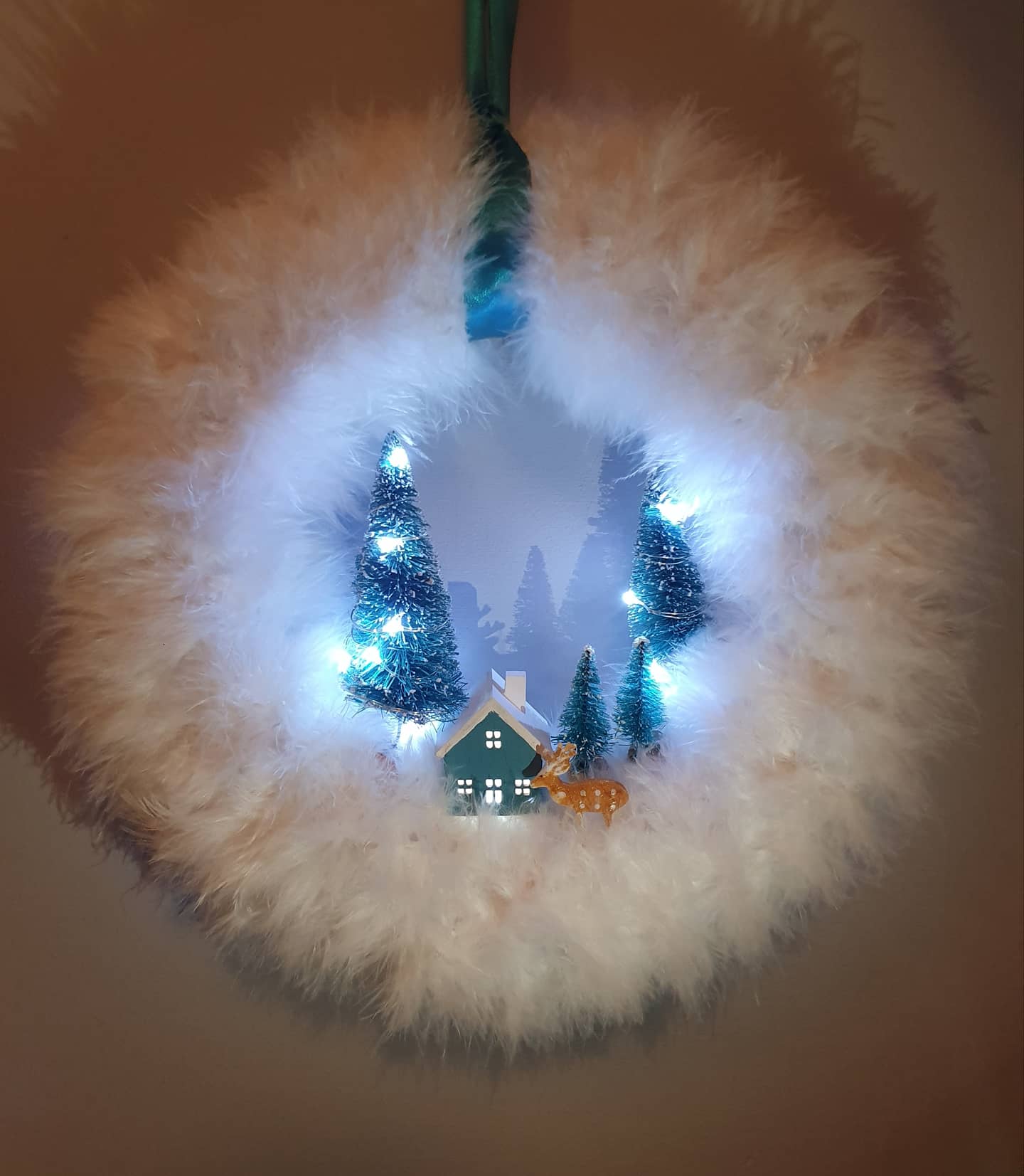 Marabou Trim Christmas Wreath with Lights