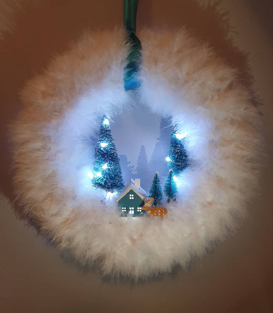 Marabou Trim Christmas Wreath with Lights