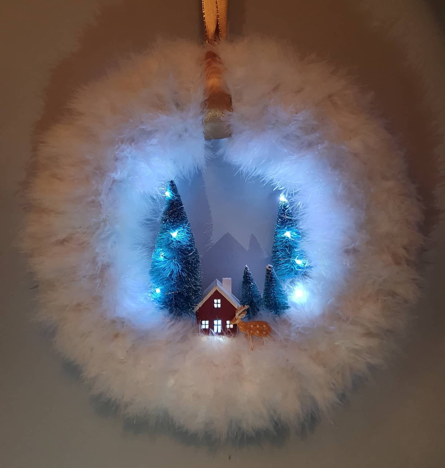 Marabou Trim Christmas Wreath with Lights
