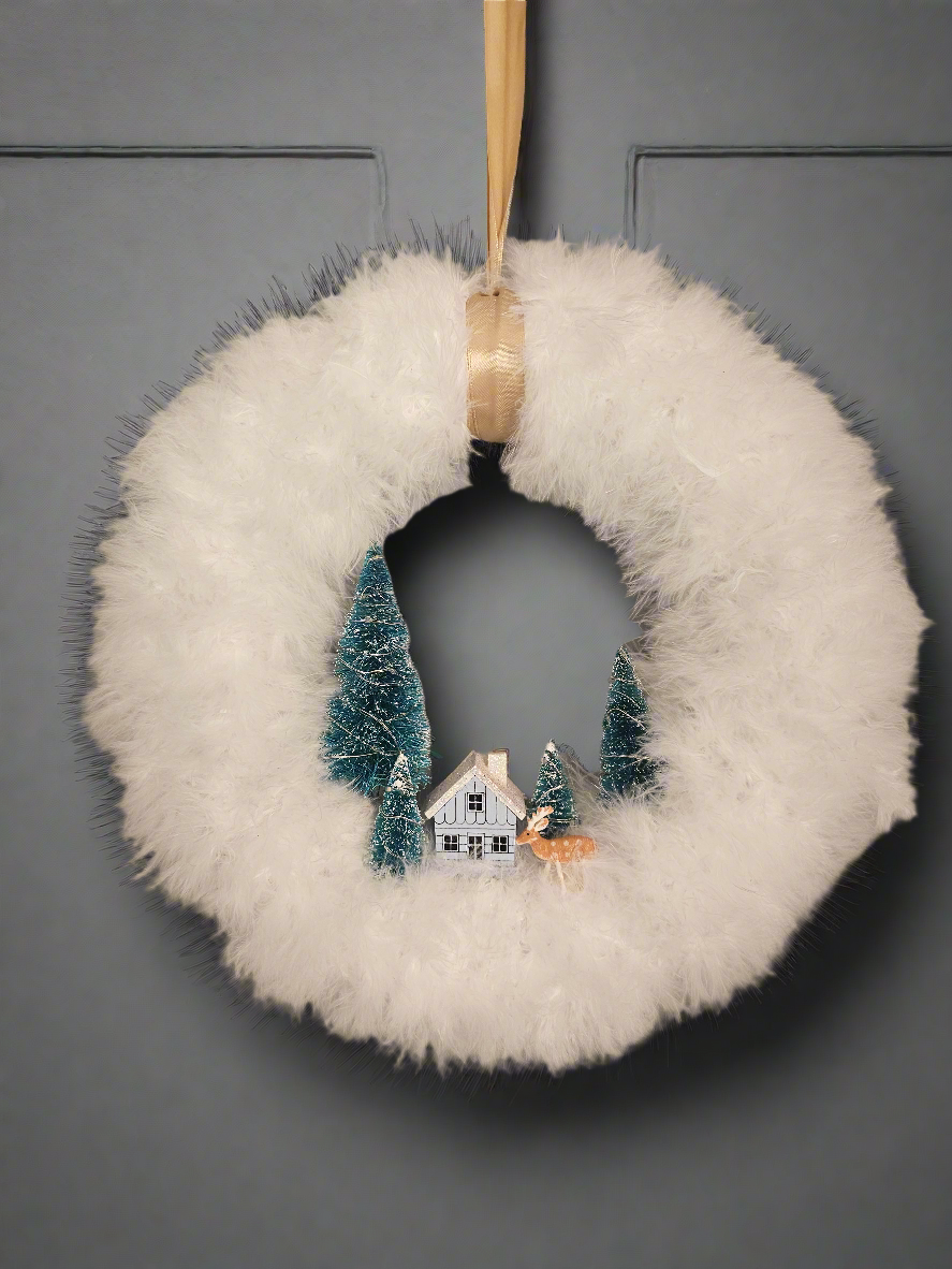 Marabou Trim Christmas Wreath with Lights